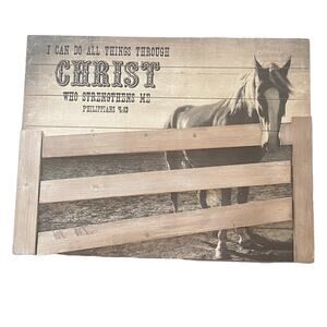 Wood Horse Art Wall Hanging 3D Fence Gate On Wooden Slats Religious Christ 36x22